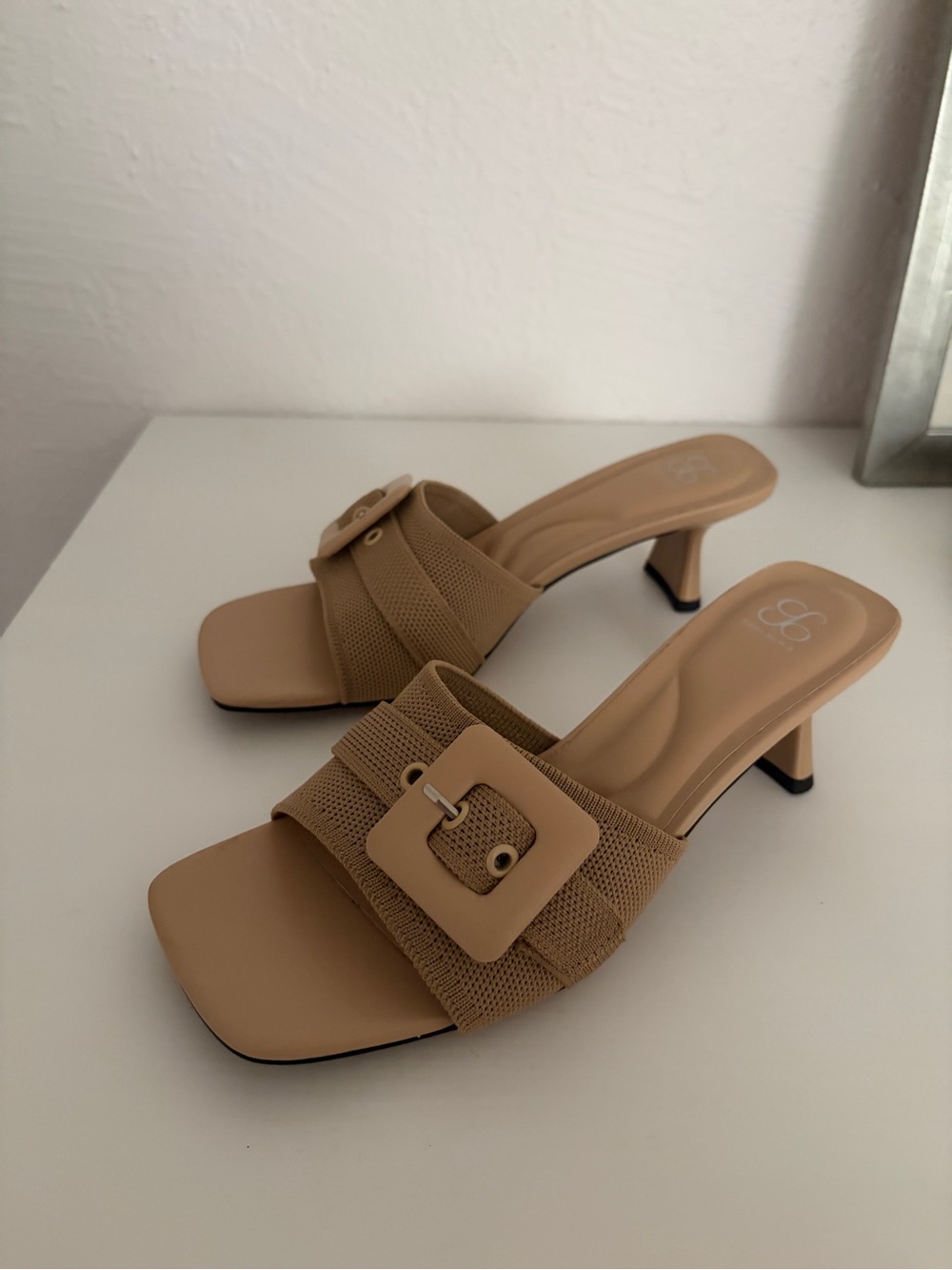 Neutral Beige Buckle Slide Mules with Square Toe - Women